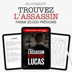 Könnte beinhalten: Ein digitales Ermittlungsspiel auf drei Tablets. Der mittlere Bildschirm zeigt eine Person vor einer Wand voller Hinweise mit dem Text 'AFFAIRE #1 L'ASSASSIN N'EST PAS LUCAS'. Der linke Bildschirm listet 'LES 10 INDICES' und der rechte eine Namensliste.