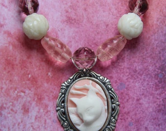 Handmade  Necklace Cat Cameo Cabochon Pink White Silver Brass Oval Mount Brass Chain 32 Inch Length  Lobster Claw  Oscarcrow