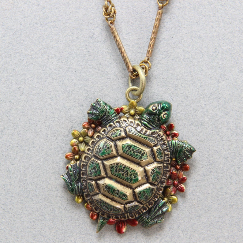 Handmade Necklace Turtle Brass Turtle Hand Painted Green and Bronze Pewter Mount Red Flowers Green  Beads 24  Inch  Chain  Oscarcrow