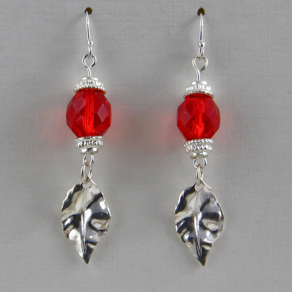 Handmade Oval Red Czech Glass Bead On Silver Leaf Earrings | Etsy