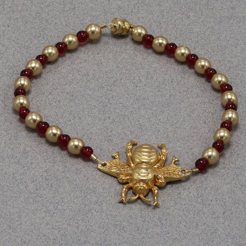 Handmade Red Czech Glass and Gold Glass Pearl Bumble Bee Bracelet 7.5 Inches Magnetic Catch Gold Brass Bee Assembled by Oscarcrow