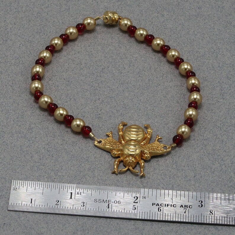 Handmade Red Czech Glass and Gold Glass Pearl Bumble Bee Bracelet 7.5 Inches Magnetic Catch Gold Brass Bee Assembled by Oscarcrow