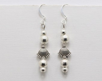Handmade Dangle Earrings Antique Silver Shell Beads Round Silver Plated Beads One of a Kind Earrings Handmade by Oscarcrow