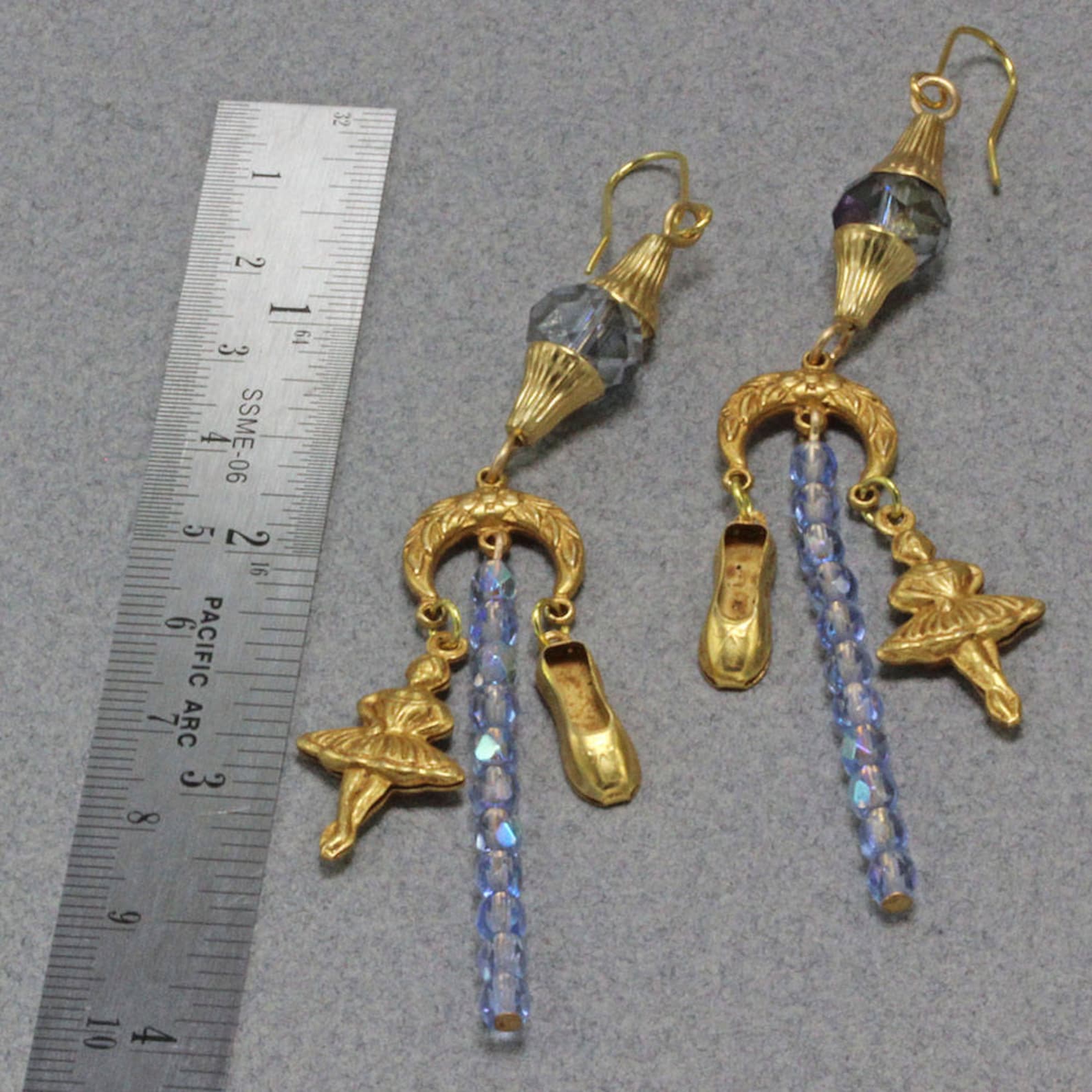 hand assembled earrings gold finish brass ballerinas and ballet shoes nights at the ballet earrings blue ab crystal beads gold p