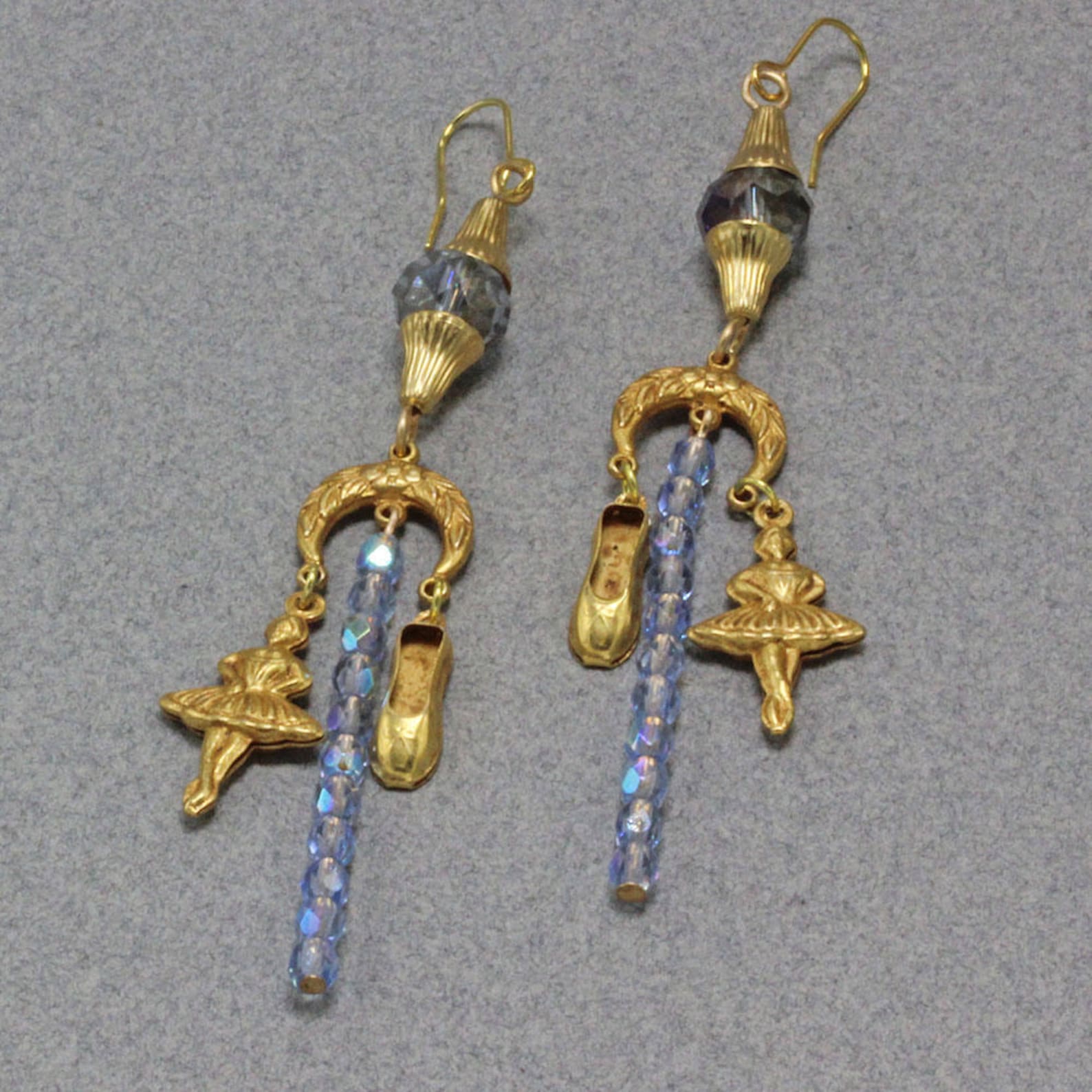 hand assembled earrings gold finish brass ballerinas and ballet shoes nights at the ballet earrings blue ab crystal beads gold p