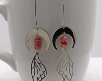 Handmade Earrings Stainless Steel Wings and Crescent With Strawberry Quartz, Long Arched Stainless Steel Ear Wires Oscarcrow