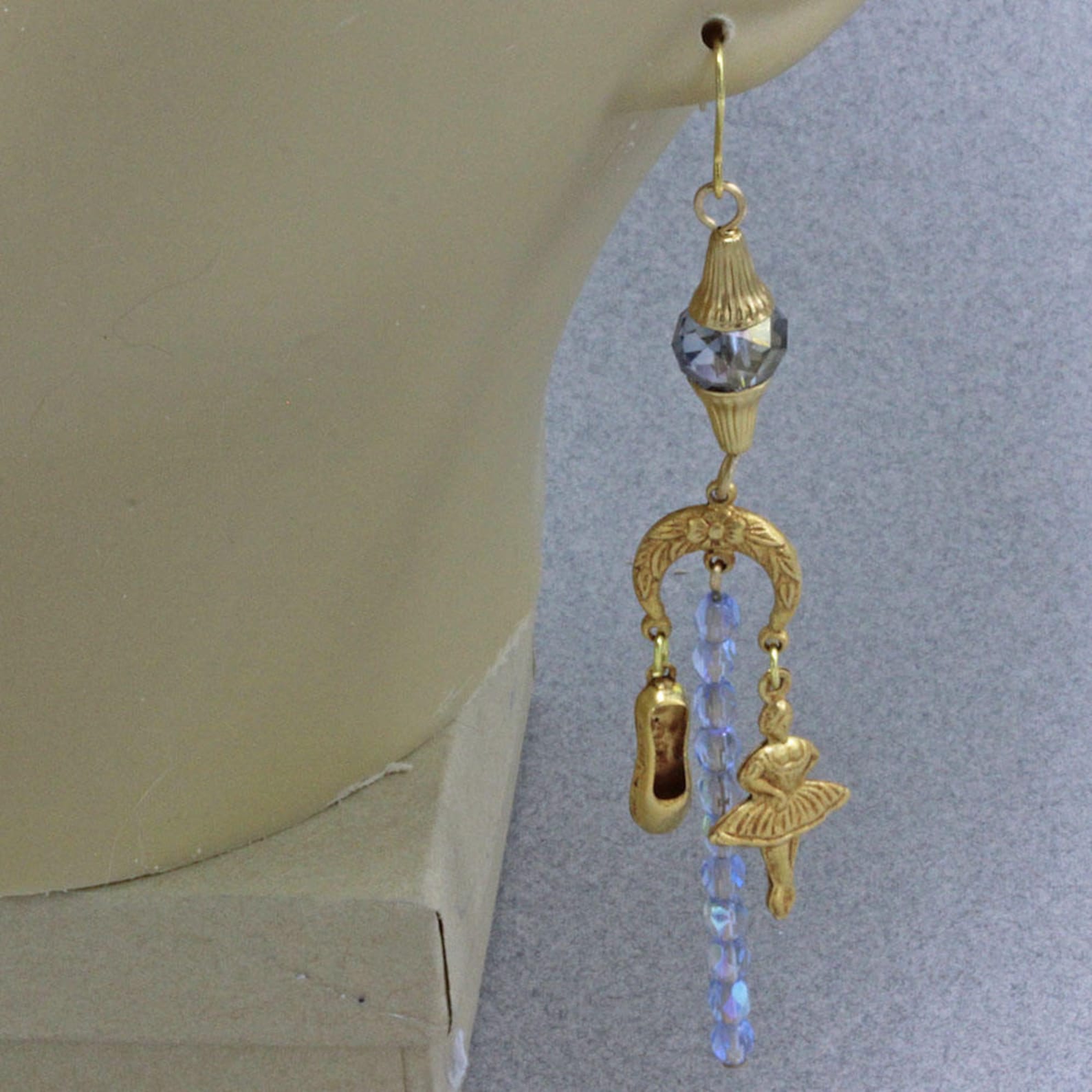 hand assembled earrings gold finish brass ballerinas and ballet shoes nights at the ballet earrings blue ab crystal beads gold p