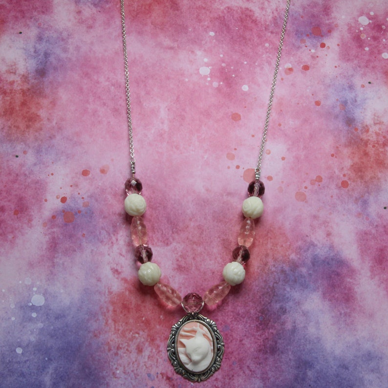 Handmade Necklace Cat Cameo Cabochon Pink White Silver Brass Oval Mount Brass Chain 32 Inch Length Lobster Claw Oscarcrow