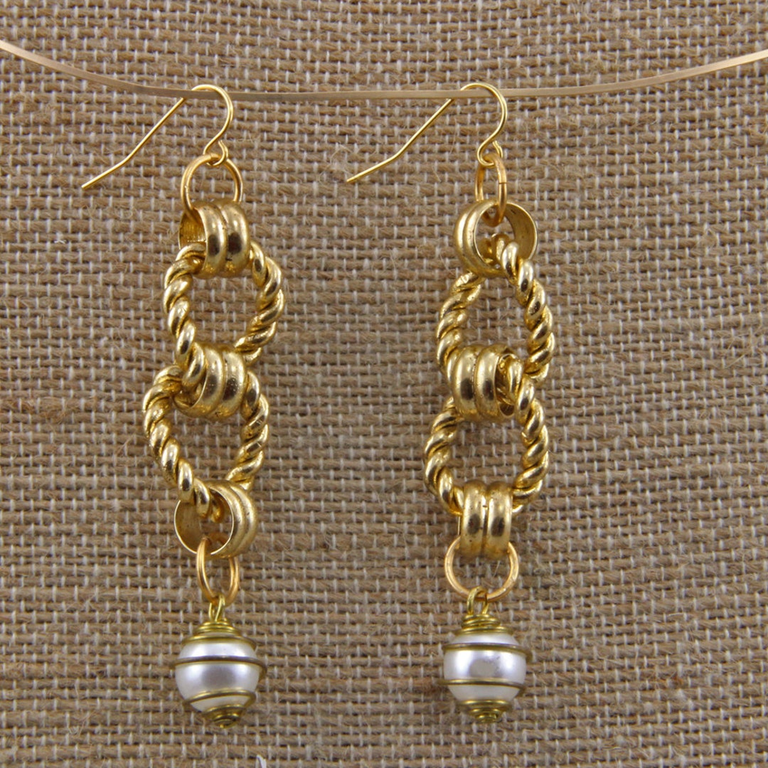 Vintage Brass Link Chain and Caged Pearl Handmade Earrings - Etsy