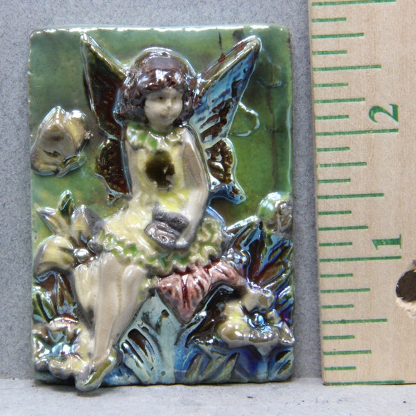 Handmade Decorative Raku Hand Formed Fairy In a Flower Tile2x2.5 Inches  Copper Blue Green Iridescent Colors Oscarcrow