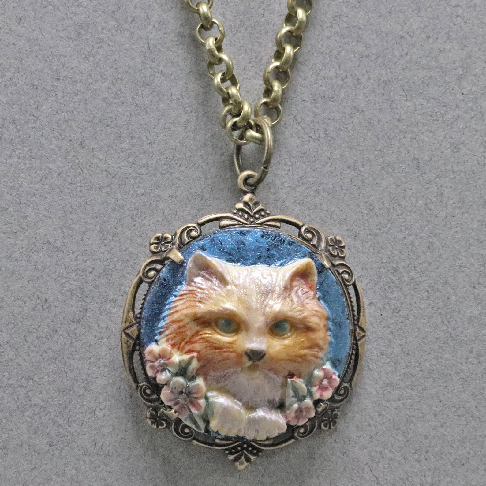 Handmade Necklace Hand Painted Orange Cat Cabochon 30mm in a | Etsy