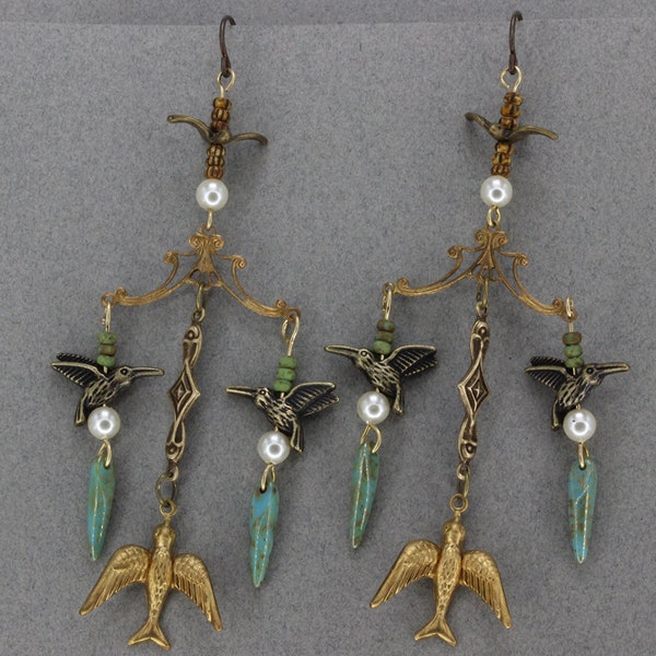 Handmade Bird Flock Chandelier Earrings On Niobium Ear Wires  Green gold Bronze Bird Earrings  Oscarcrow Original  Design