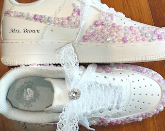 Pink Pearl Wedding Shoes-Dreamy wedding shoes custom-made for the bride-Prom sneakers-Pearl and lace bridal shoes-A unique anniversary gift