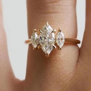 Marquise Cut Diamond Engagement Ring, Lab Grown Diamond Three Stone Ring, Trilogy Wedding Ring, Side Marquise Cut Diamond, Anniversary Gift