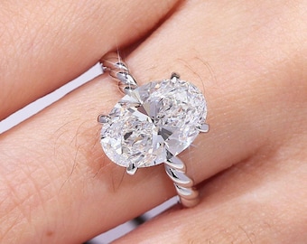 3.50 CT Oval Lab Grown Diamond Engagement Ring, Solid Gold Twisted Band