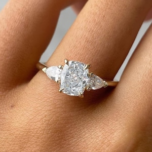 Elongated Cushion Cut Lab Grown Diamond Ring, Three Stone Engagement Ring, Side Pear Cut Diamond, Wedding Ring For Her, Anniversary Gifts