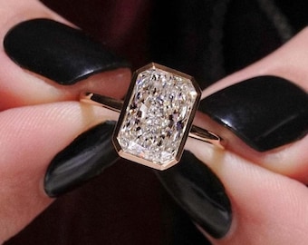 Radiant Cut Lab Grown Diamond Ring, 14K Yellow Gold Bezel Solitaire