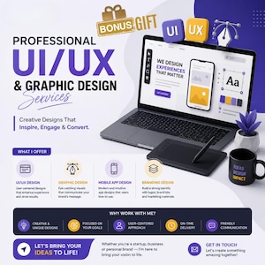 Könnte beinhalten: Werbegrafik für UI/UX- und Grafikdesign-Dienstleistungen. Das Bild zeigt einen Laptop mit einem Website-Design, ein Zeichentablett und eine Kaffeetasse. Der Text enthält "Professionelle UI/UX- und Grafikdesign-Dienstleistungen" und "Bringen wir Ihre Ideen zum Leben!"