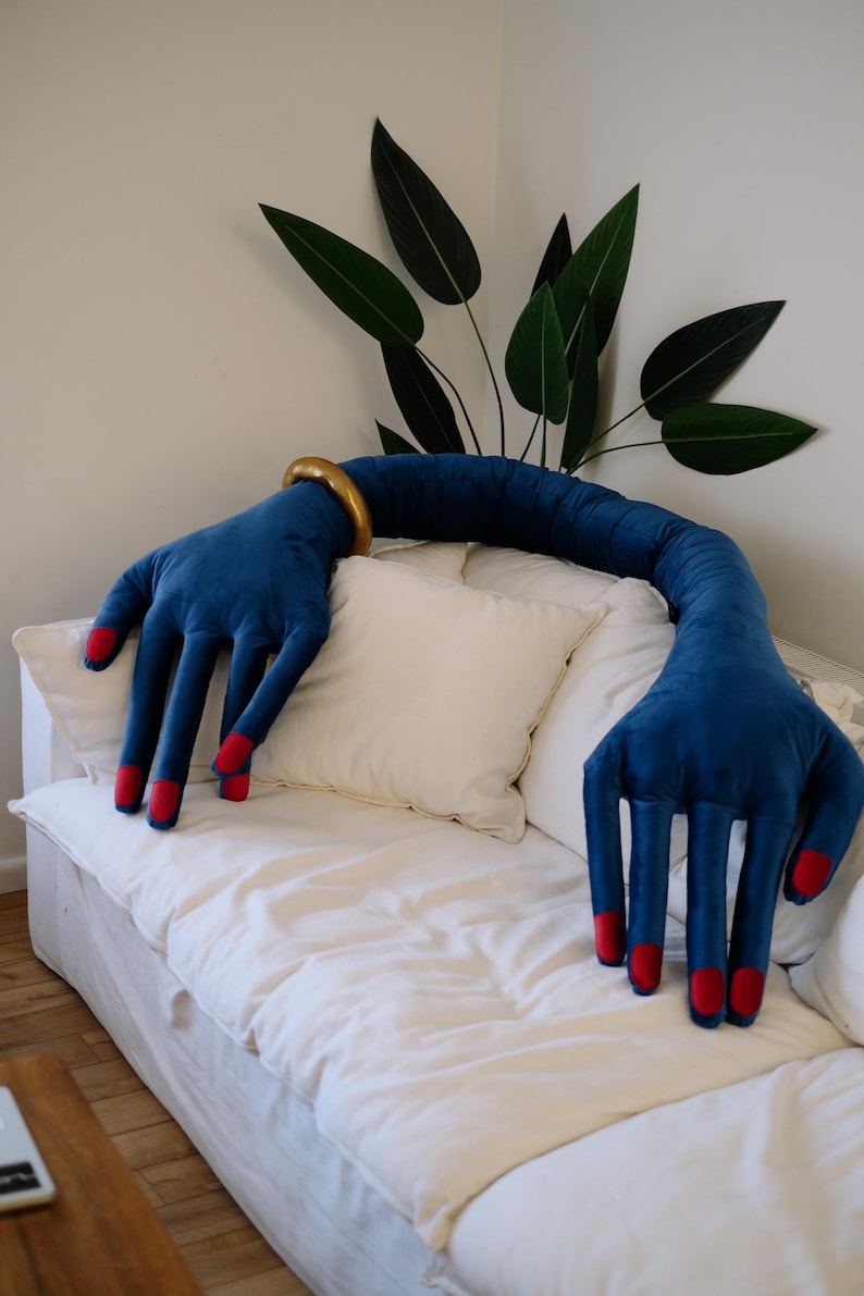 Large Blue Hand Shaped Pillow ,Handmade Velvet Cushion,Unique Decorative Throw Pillow