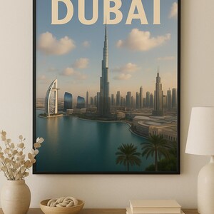 Framed Dubai Skyline Wall Art – Burj Khalifa Cityscape Travel Poster