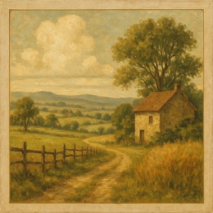 Vintage Countryside Wall Art Print, Rustic Farmhouse Decor, Pastoral Landscape Painting, Charming Rural Home Decoration, Cozy Country Style