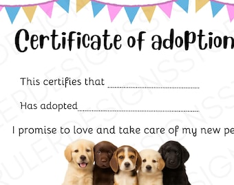 Adoptionsurkunde für Hunde - Printable Download Kindergeburtstag-Party-Hunde-Thema