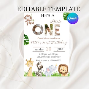 Editable Wild One Boy Birthday Invitation Safari Animal Birthday Invitation 1st Birthday Invite with Photo Boho First Birthday Jungle 1 st