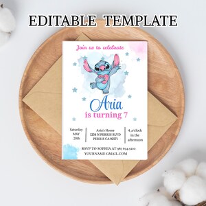 Editable Stitch Birthday Invitation Template, Printable Birthday Party Invitations, Digital Kids Party Invite Boys & Girls Bday Card Evite