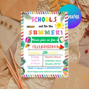 Editable End of School Party Schools Out Party Invitation, Download Summer Invite with CANVA