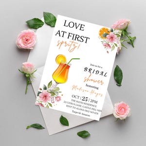 Love at First Spritz Bridal Shower Invitation, Aperol Spritz Bridal Shower Invite, Citrus Bridal Brunch, Orange Bridal Shower Bright Florals
