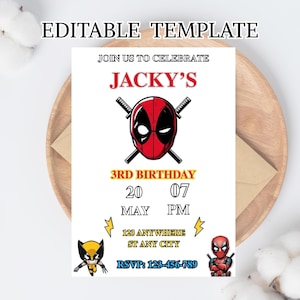 Deadpool Birthday Invitation, Deadpool Invite , Printable Invitation Template, Instant Download, Self editable Deadpool Invite for Kids