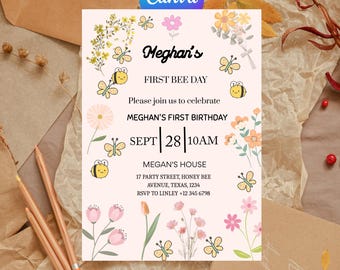 Editable Bee First Birthday Invitation, Sweet Bumble Bee (Digital Download)