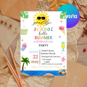 Goodbye School Hello Summer Invitation End of School Party Invite Sun Beach Swim Pool Palm Tree Tropical Schools Out EDITABLE Template SU02P