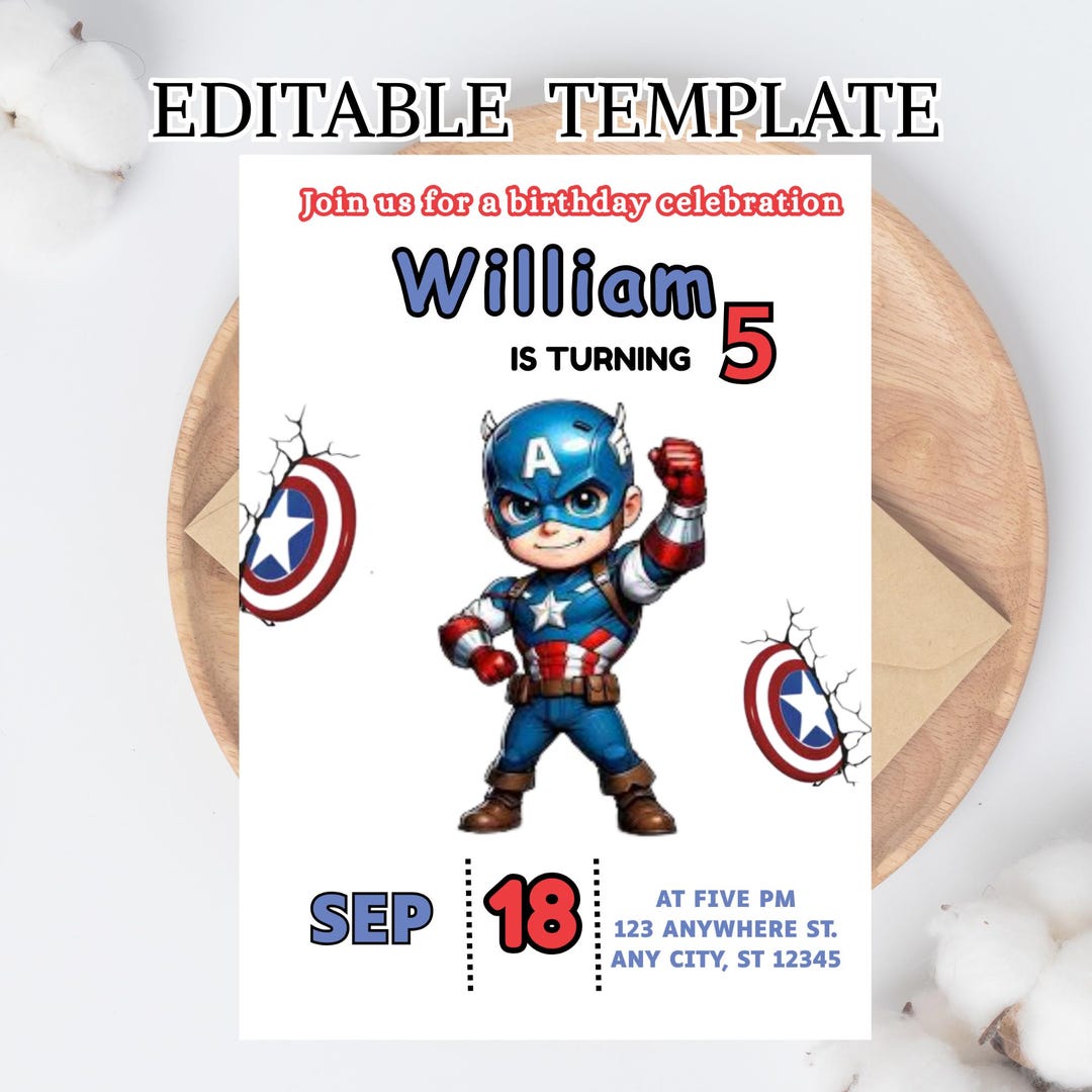 Captain America Birthday Invitation, Superhero Party (canva Template ...