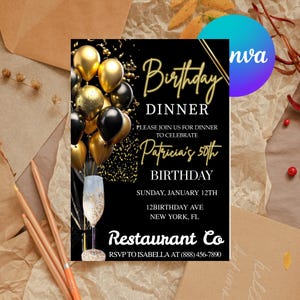 Digital Birthday Dinner Invitation Template, Black Tie Glam Invite, Black Golden Diamond Evite For Men & Women, Self Editable eCard