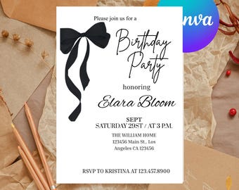 Black Bow Birthday Invitation Template, Coquette Party Invite (Digital Download)