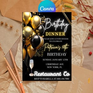Digital Birthday Dinner Invitation Template, Black Tie Glam Invite, Black Golden Diamond Evite For Men & Women, Self Editable eCard