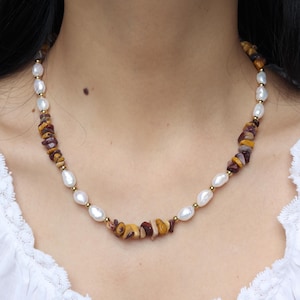 Baroque Pearl & Yellow Jasper Necklace – Freshwater Gemstone Choker, Handmade Boho Jewelry Gift for Her