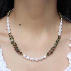 Baroque Pearl & Unakite Necklace – Handmade Gemstone Choker, Boho Jewelry Gift for Her