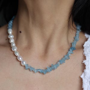 Baroque Pearl & Aquamarine Necklace – Handmade Freshwater Pearl Choker, March Birthstone Gift for Her