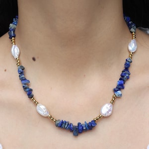 Baroque Pearl & Lapis Lazuli Necklace – Handmade Gemstone Choker, Freshwater Jewelry Gift for Her