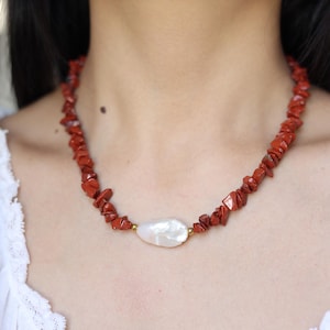 Baroque Pearl & Red Jasper Necklace – Handmade Gemstone Choker, Beaded Jewelry Gift for Her