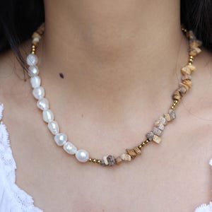 Baroque Pearl & Picture Jasper Necklace – Handmade Gemstone Choker, Boho Beaded Jewelry Gift for Her