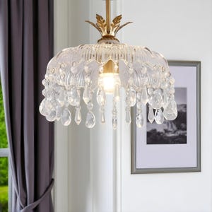 French Vintage Glass Pendant Light – Crystal Chandelier with Brass Finish, Elegant Hanging Lamp for Living Room & Bedroom