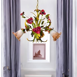 Rustic Farmhouse Chandelier: Red Rose Porcelain, Crystal Drops