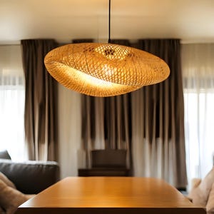 Bamboo Pendant Light – Handwoven Rattan Lampshade | Boho Japandi Ceiling Lighting for Bedroom, Dining Room & Kitchen Decor