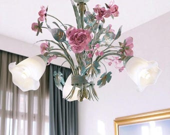 Vintage Floral Chandelier: Shabby Chic Cottagecore Pink Flower Ceiling Light