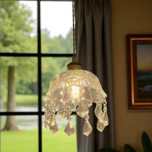 Vintage Crystal Pendant Light – French Style Glass Shade Chandelier with Brass Finish, Elegant Gold Hanging Lamp for Bedroom or Living Room