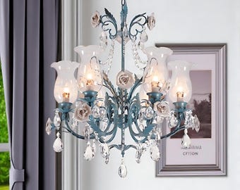 Blue Floral Chandelier: Rustic Farmhouse Pendant Light with Crystal Drops