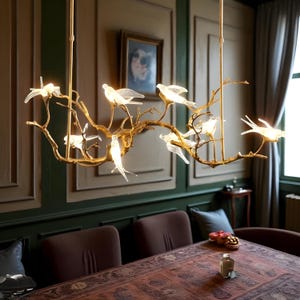 Glass Bird Chandelier: Nature-Inspired Brass Branch Pendant Light